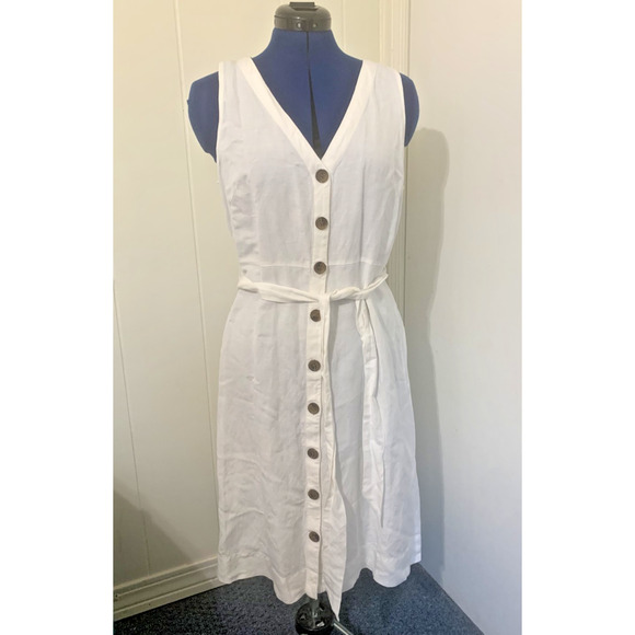 LOFT Dresses & Skirts - Loft Dress Womens Size 12 White Linen Blend Sleeveless Button Front Beachy Vacay